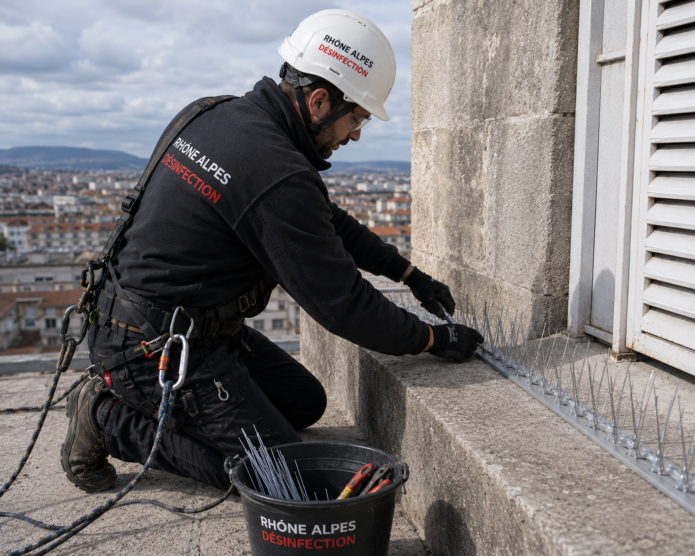 Technicien installant des pics anti-pigeons pour un dépigeonnage dans l'Ain